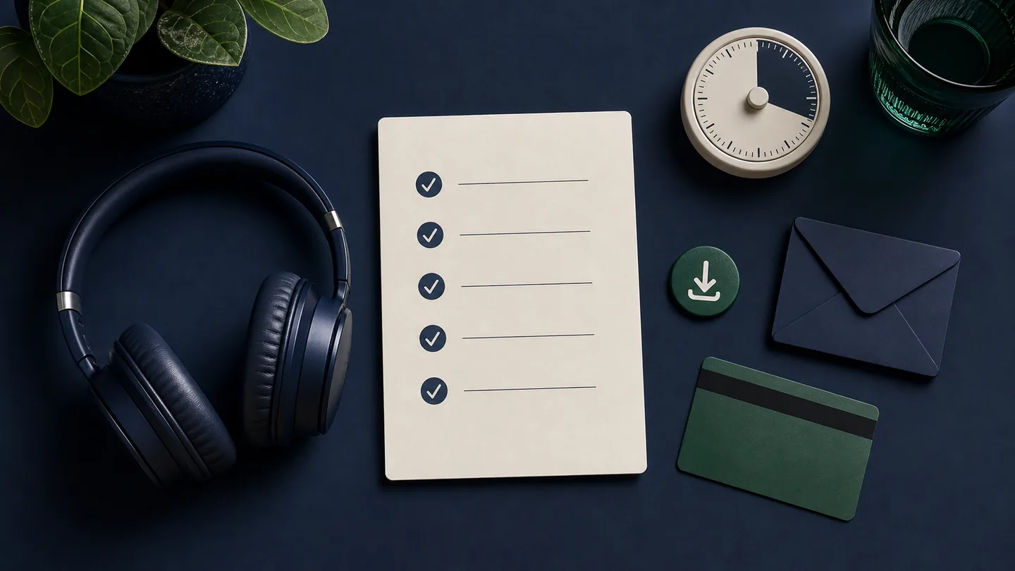Headphones and a five-check buyer card arranged on a navy desk