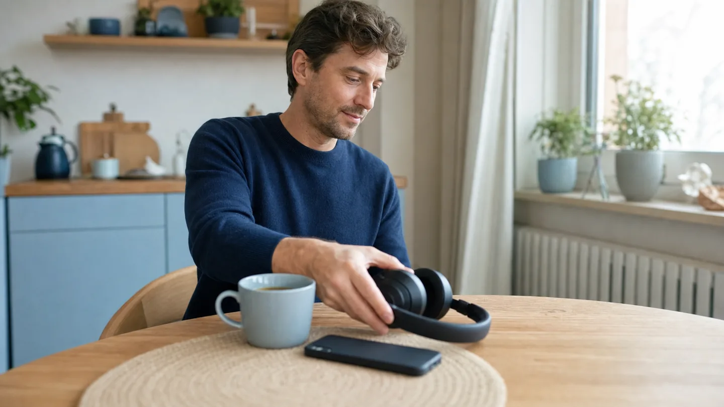 Adult preparing headphones beside tea during a calm morning routine